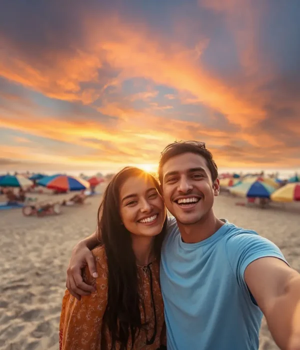 Goa Family Fun Package with happy beach travelers, colorful umbrellas, sandy shore and scenic sunset coastal vibes