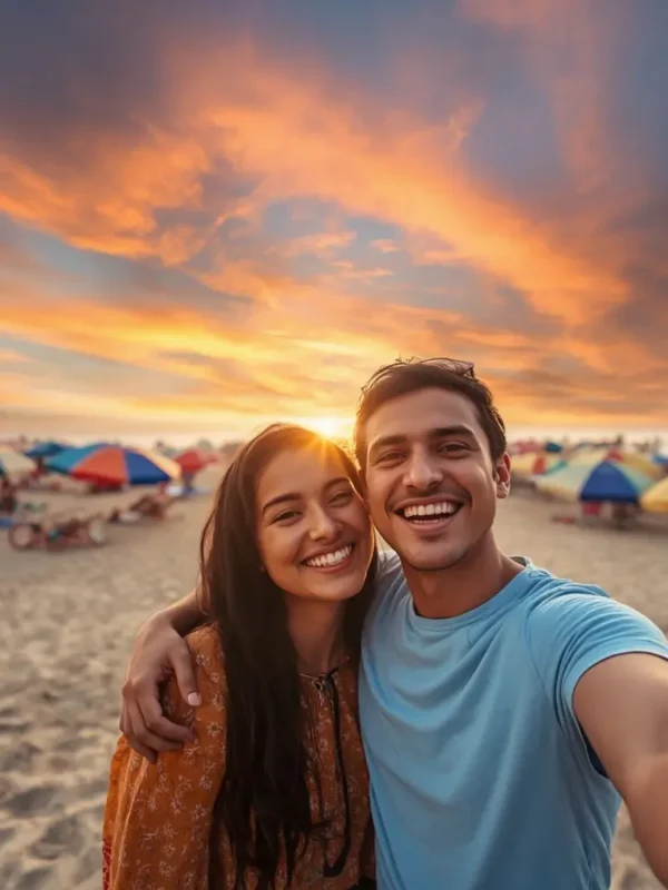 Goa Family Fun Package with happy beach travelers, colorful umbrellas, sandy shore and scenic sunset coastal vibes