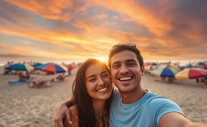Goa Family Fun Package with happy beach travelers, colorful umbrellas, sandy shore and scenic sunset coastal vibes