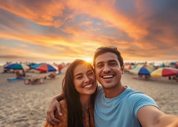 Goa Family Fun Package with happy beach travelers, colorful umbrellas, sandy shore and scenic sunset coastal vibes