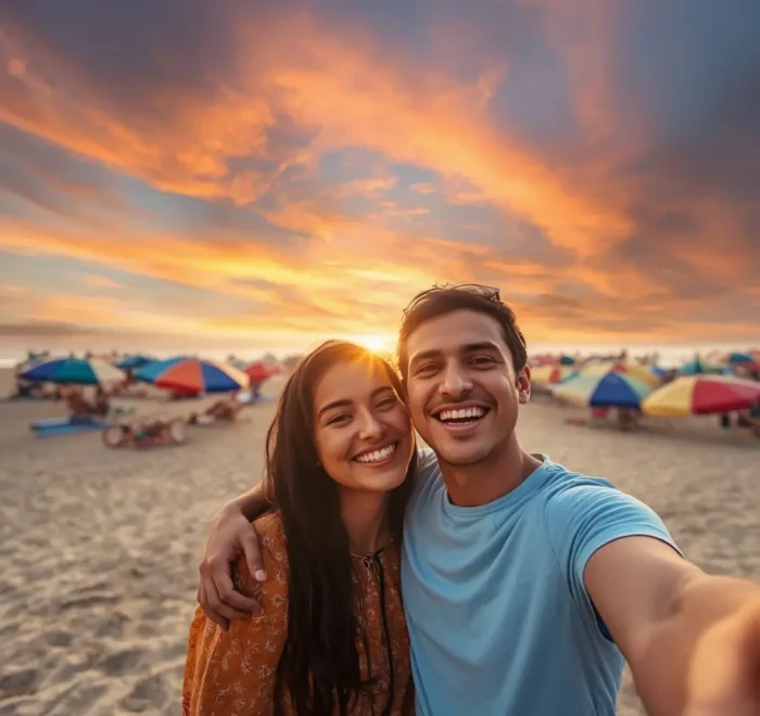 Goa Family Fun Package with happy beach travelers, colorful umbrellas, sandy shore and scenic sunset coastal vibes
