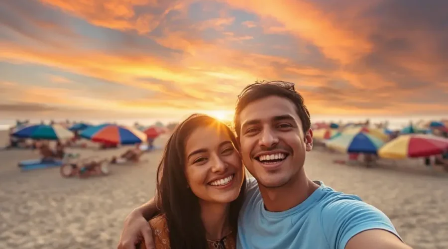 Goa Family Fun Package with happy beach travelers, colorful umbrellas, sandy shore and scenic sunset coastal vibes