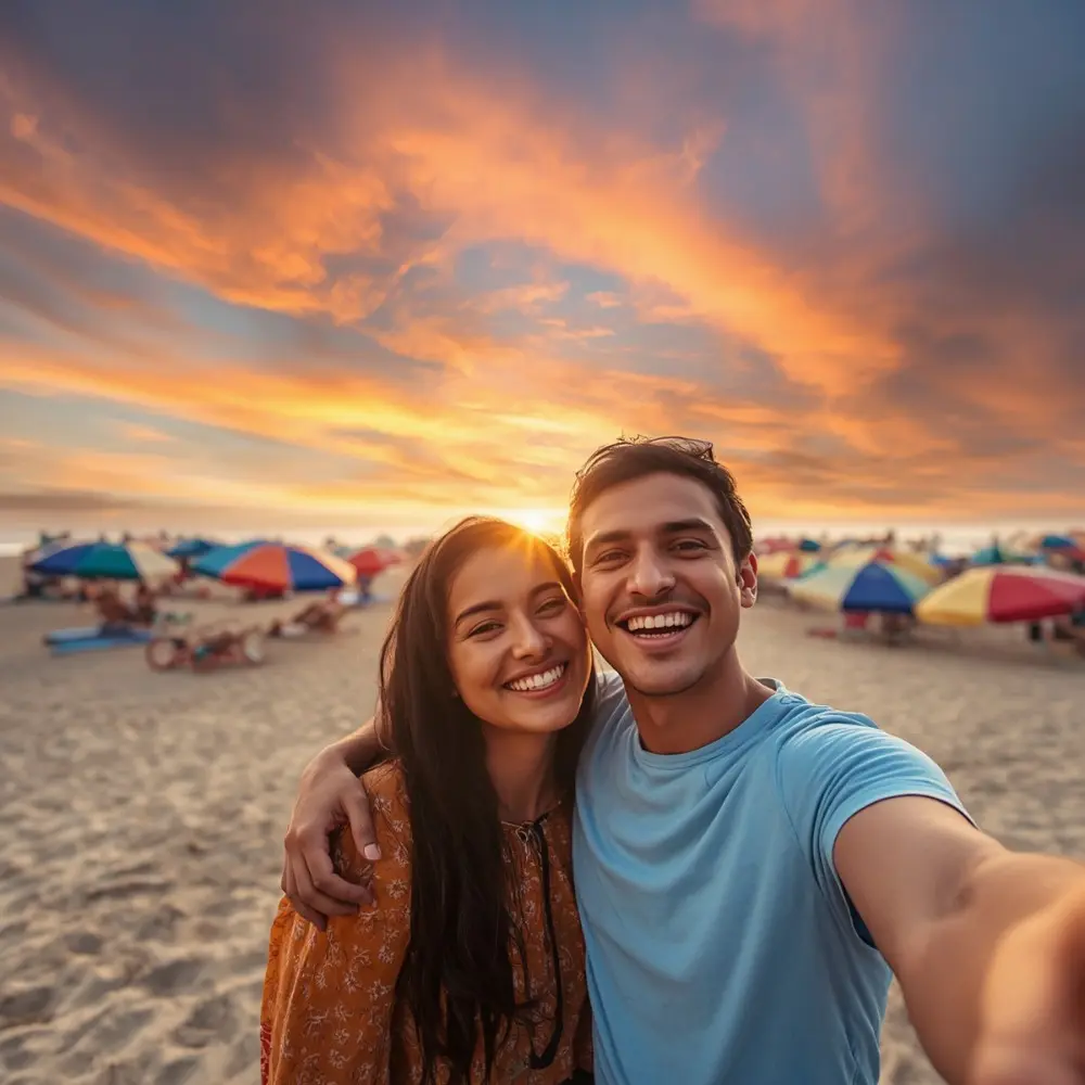 Goa Family Fun Package with happy beach travelers, colorful umbrellas, sandy shore and scenic sunset coastal vibes