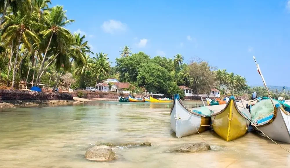 Grand Goa Experience with palm-lined shoreline, colorful fishing boats, clear water and scenic tropical coastal beauty