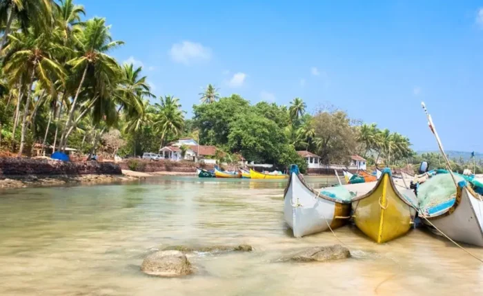 Grand Goa Experience with palm-lined shoreline, colorful fishing boats, clear water and scenic tropical coastal beauty