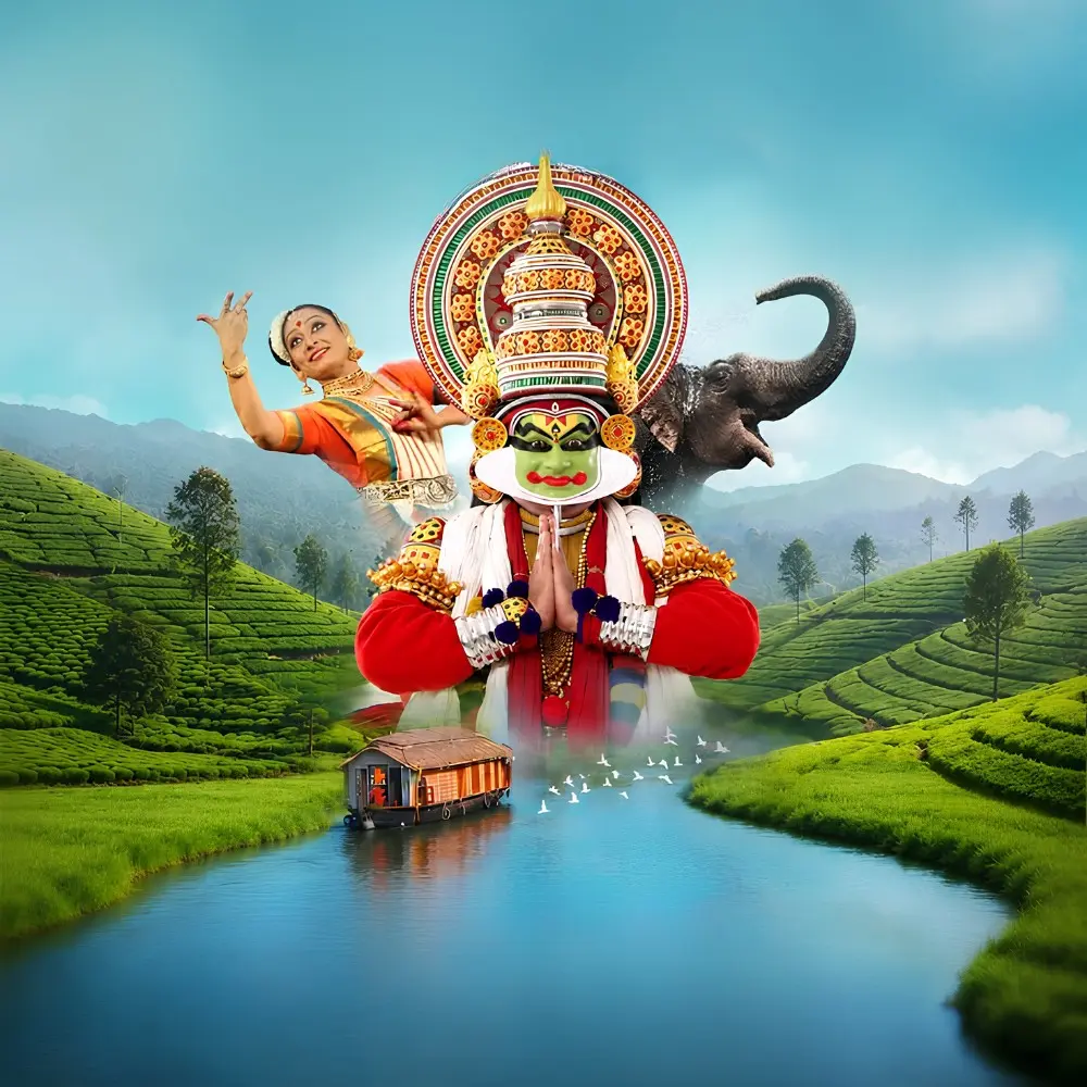 Grand Kerala Experience featuring Kathakali, classical dance, elephant, houseboat, tea gardens and scenic backwaters