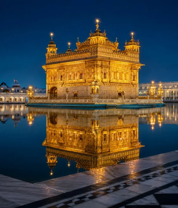 Golden Temple in Amritsar glowing at night with golden lights, calm water reflection, marble walkway, and a luxury spiritual travel atmosphere.