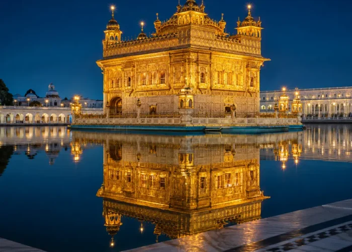 Golden Temple in Amritsar glowing at night with golden lights, calm water reflection, marble walkway, and a luxury spiritual travel atmosphere.