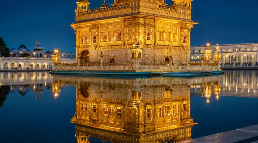 Golden Temple in Amritsar glowing at night with golden lights, calm water reflection, marble walkway, and a luxury spiritual travel atmosphere.