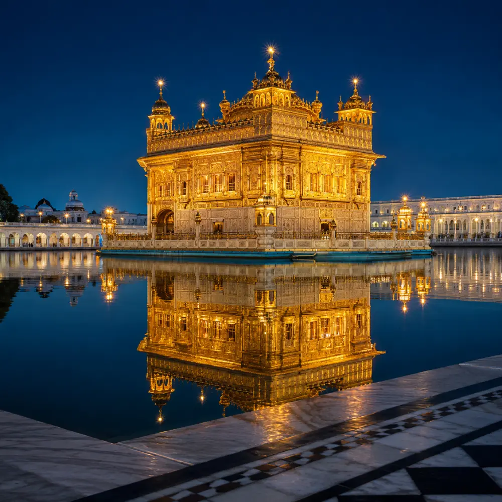 Golden Temple in Amritsar glowing at night with golden lights, calm water reflection, marble walkway, and a luxury spiritual travel atmosphere.