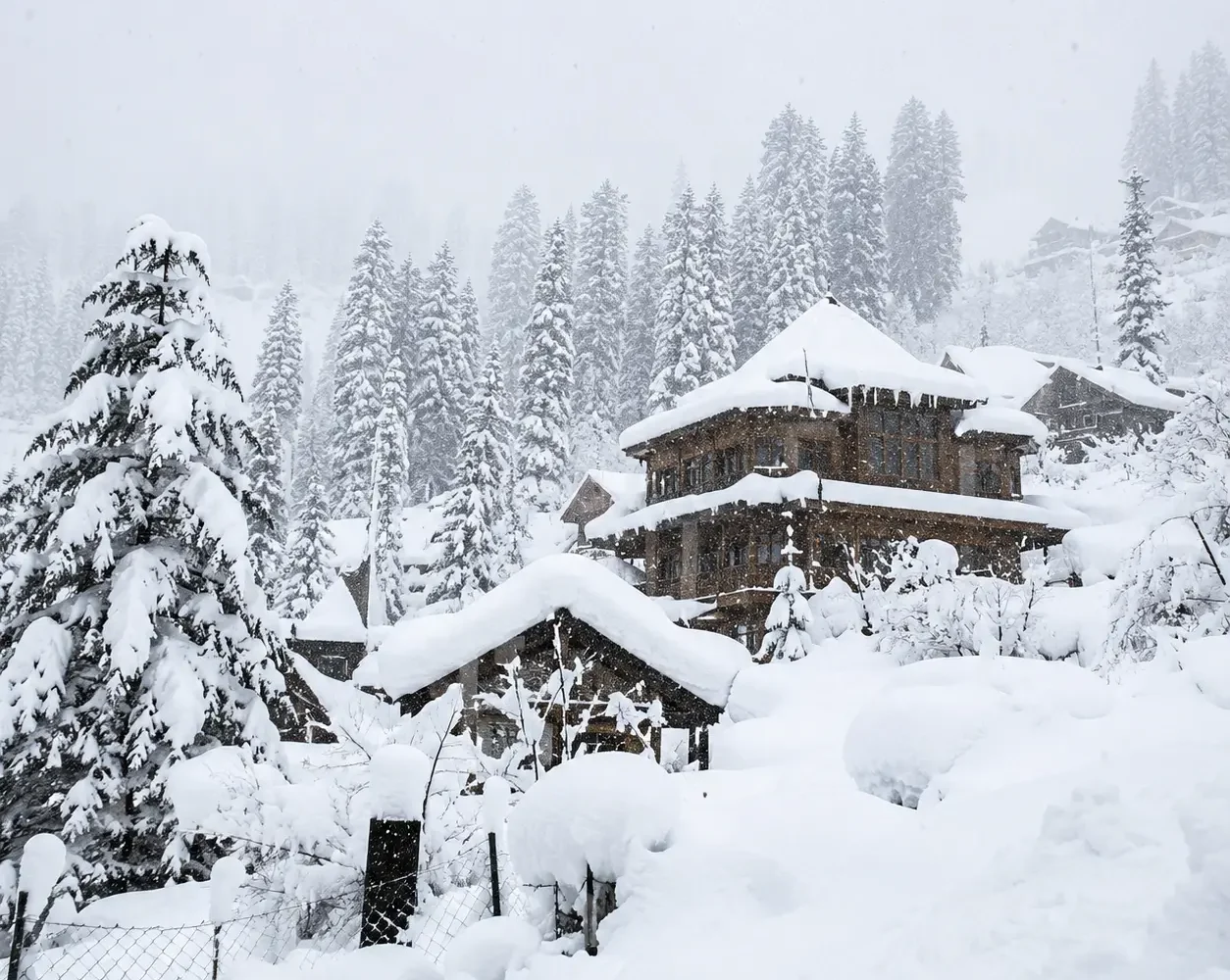 Snow-covered Manali hillside with pine trees and traditional wooden cottages in Himachal Pradesh