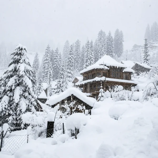 Snow-covered Manali hillside with pine trees and traditional wooden cottages in Himachal Pradesh