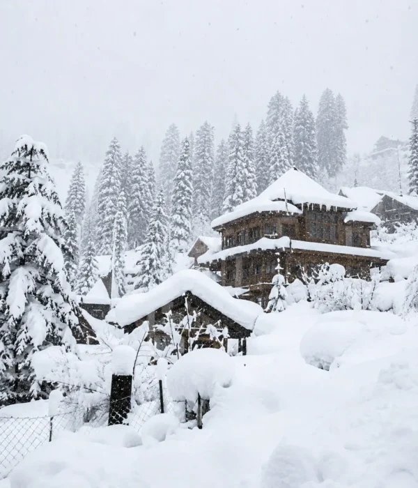 Snow-covered Manali hillside with pine trees and traditional wooden cottages in Himachal Pradesh