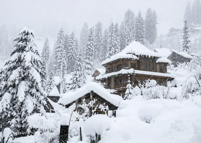 Snow-covered Manali hillside with pine trees and traditional wooden cottages in Himachal Pradesh