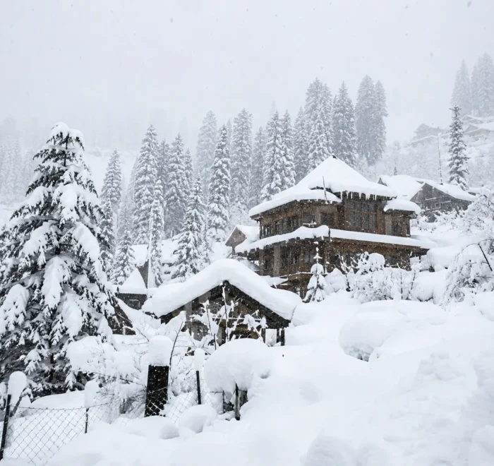 Snow-covered Manali hillside with pine trees and traditional wooden cottages in Himachal Pradesh