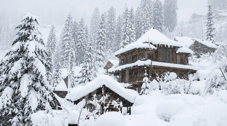 Snow-covered Manali hillside with pine trees and traditional wooden cottages in Himachal Pradesh
