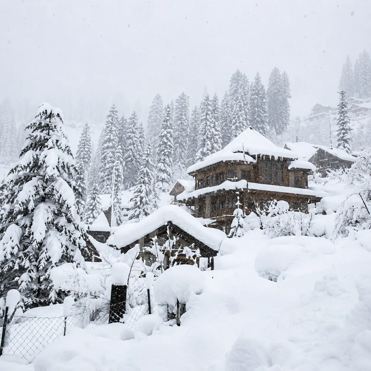 Snow-covered Manali hillside with pine trees and traditional wooden cottages in Himachal Pradesh