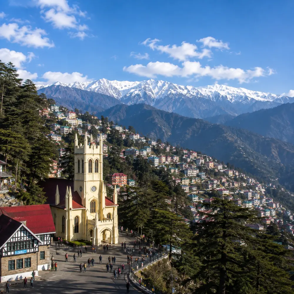 Shimla Christ Church and Ridge with Himalayan mountain views in Himachal Pradesh