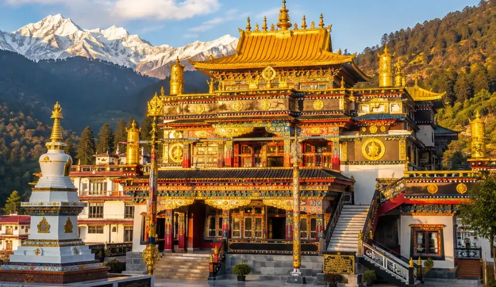 Dalai Lama Temple in McLeod Ganj with Tibetan monastery architecture, prayer flags, mountain views, and a peaceful spiritual travel atmosphere.