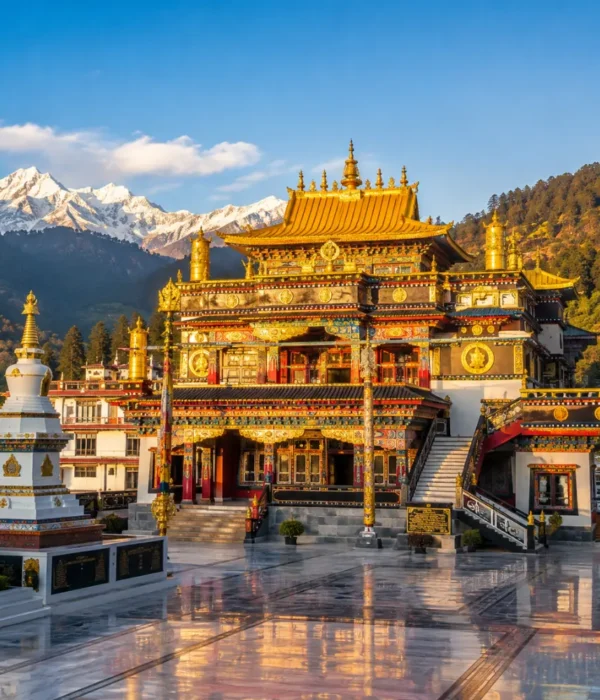 Dalai Lama Temple in McLeod Ganj with Tibetan monastery architecture, prayer flags, mountain views, and a peaceful spiritual travel atmosphere.