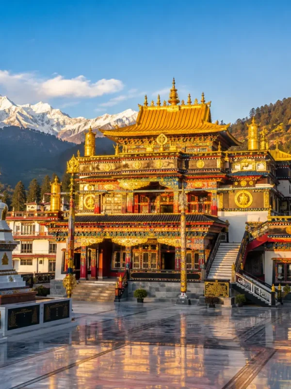Dalai Lama Temple in McLeod Ganj with Tibetan monastery architecture, prayer flags, mountain views, and a peaceful spiritual travel atmosphere.