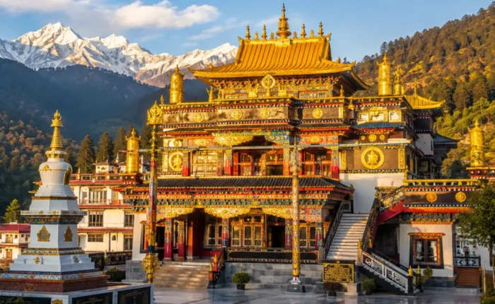 Dalai Lama Temple in McLeod Ganj with Tibetan monastery architecture, prayer flags, mountain views, and a peaceful spiritual travel atmosphere.