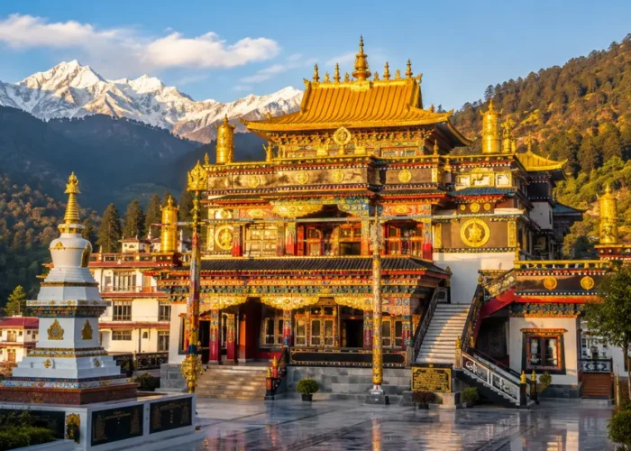 Dalai Lama Temple in McLeod Ganj with Tibetan monastery architecture, prayer flags, mountain views, and a peaceful spiritual travel atmosphere.