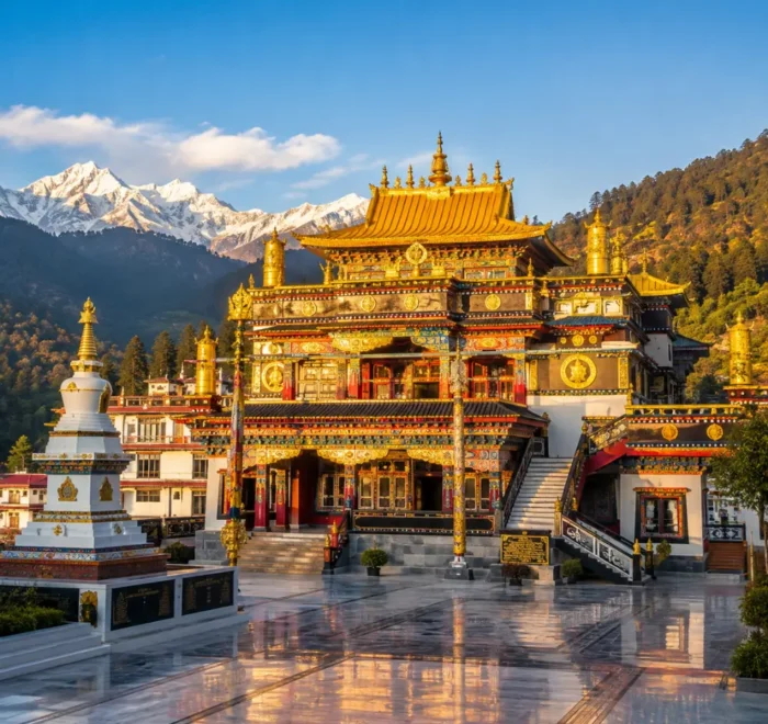 Dalai Lama Temple in McLeod Ganj with Tibetan monastery architecture, prayer flags, mountain views, and a peaceful spiritual travel atmosphere.