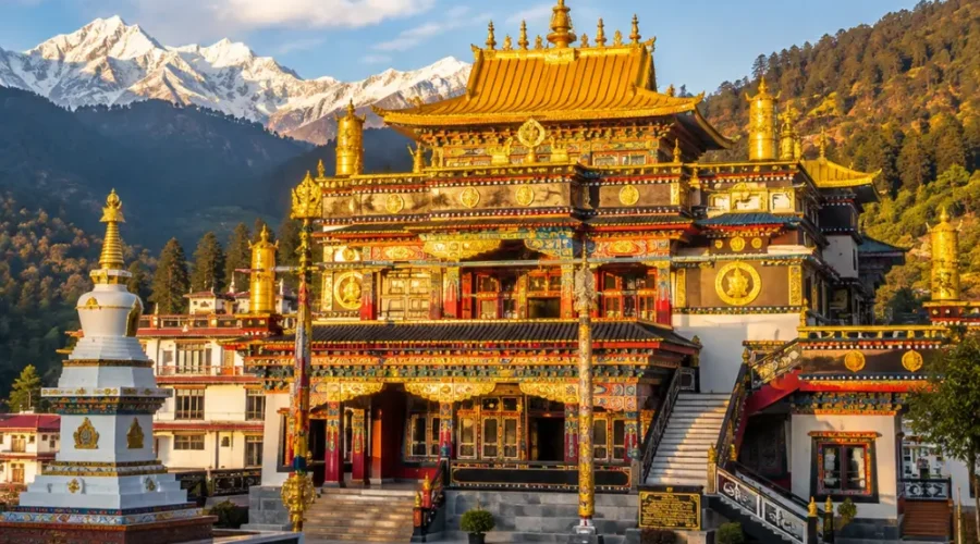 Dalai Lama Temple in McLeod Ganj with Tibetan monastery architecture, prayer flags, mountain views, and a peaceful spiritual travel atmosphere.