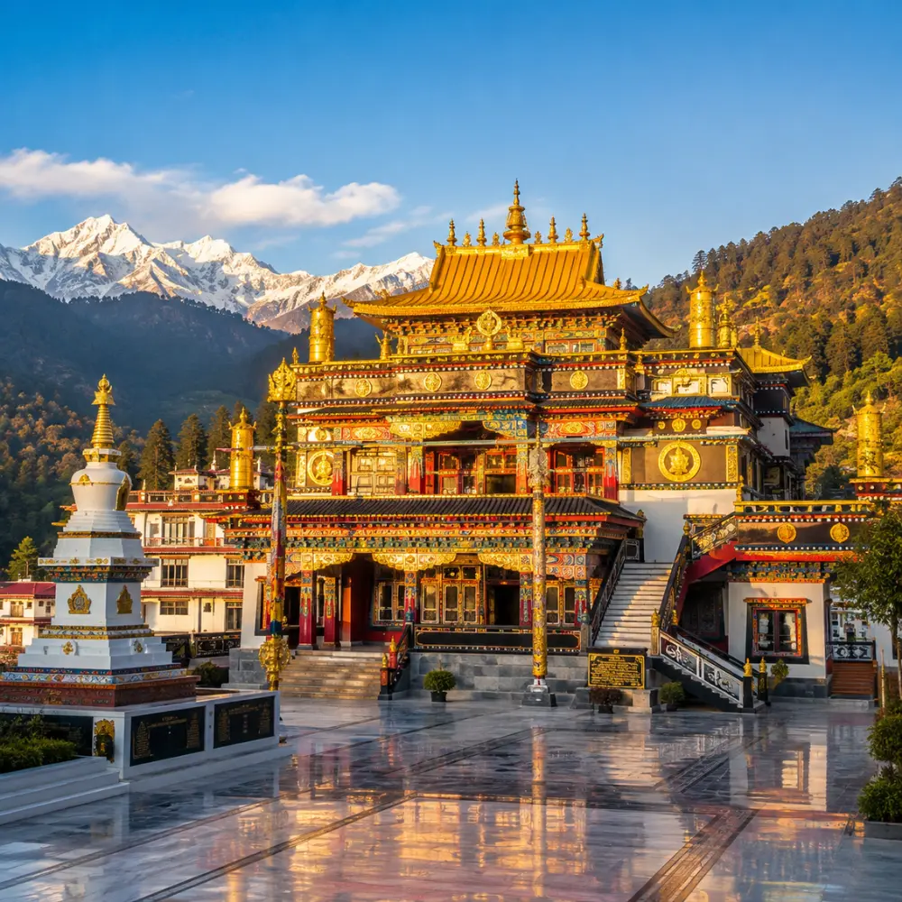 Dalai Lama Temple in McLeod Ganj with Tibetan monastery architecture, prayer flags, mountain views, and a peaceful spiritual travel atmosphere.