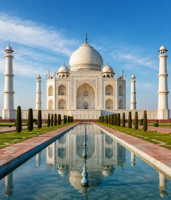Taj Mahal in Agra with white marble architecture, blue sky, landscaped gardens, and a clear reflection pool, shown without people.