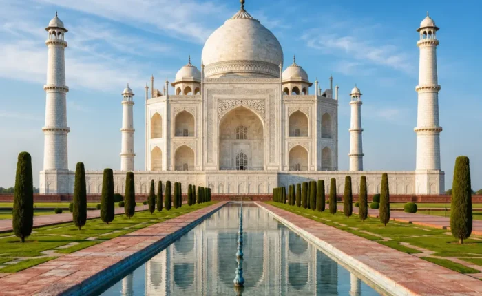 Taj Mahal in Agra with white marble architecture, blue sky, landscaped gardens, and a clear reflection pool, shown without people.