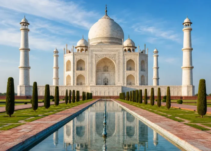 Taj Mahal in Agra with white marble architecture, blue sky, landscaped gardens, and a clear reflection pool, shown without people.