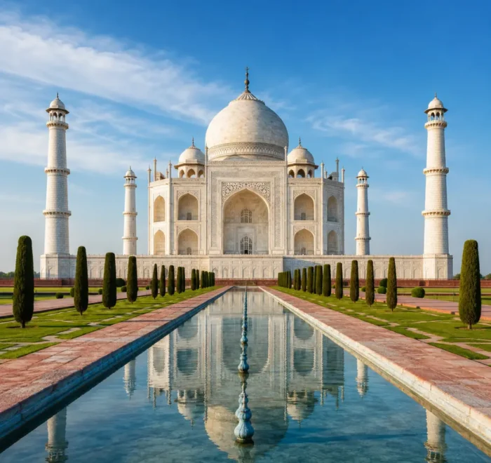 Taj Mahal in Agra with white marble architecture, blue sky, landscaped gardens, and a clear reflection pool, shown without people.