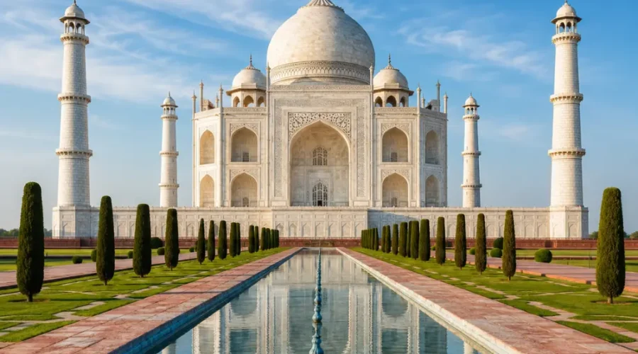Taj Mahal in Agra with white marble architecture, blue sky, landscaped gardens, and a clear reflection pool, shown without people.