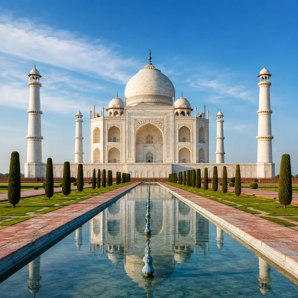 Taj Mahal in Agra with white marble architecture, blue sky, landscaped gardens, and a clear reflection pool, shown without people.