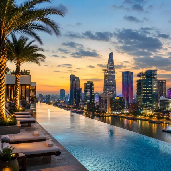 Ho Chi Minh City skyline with rooftop infinity pool, Saigon River views, luxury loungers, and modern towers at dusk.
