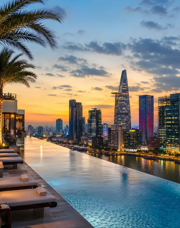 Ho Chi Minh City skyline with rooftop infinity pool, Saigon River views, luxury loungers, and modern towers at dusk.