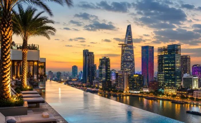 Ho Chi Minh City skyline with rooftop infinity pool, Saigon River views, luxury loungers, and modern towers at dusk.
