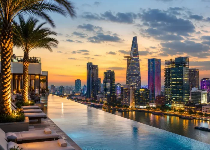 Ho Chi Minh City skyline with rooftop infinity pool, Saigon River views, luxury loungers, and modern towers at dusk.