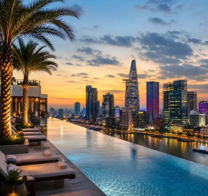 Ho Chi Minh City skyline with rooftop infinity pool, Saigon River views, luxury loungers, and modern towers at dusk.