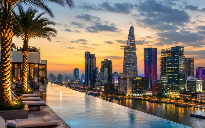Ho Chi Minh City skyline with rooftop infinity pool, Saigon River views, luxury loungers, and modern towers at dusk.