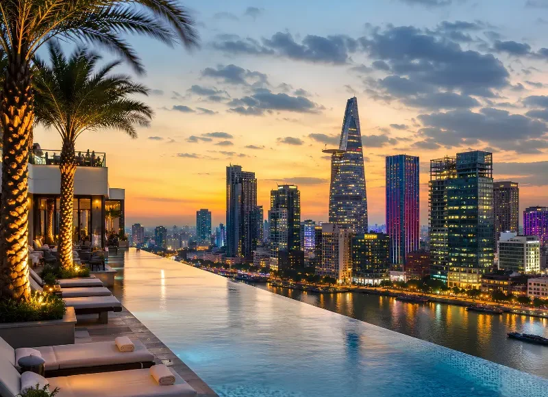Ho Chi Minh City skyline with rooftop infinity pool, Saigon River views, luxury loungers, and modern towers at dusk.