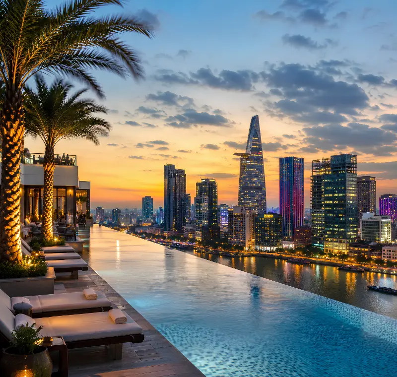 Ho Chi Minh City skyline with rooftop infinity pool, Saigon River views, luxury loungers, and modern towers at dusk.