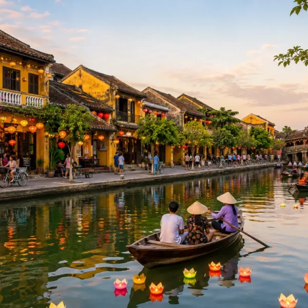 Hoi An, Vietnam ancient town with lantern-lit riverside houses, wooden boats, canal reflections, and Japanese Bridge.