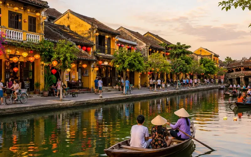 Hoi An, Vietnam ancient town with lantern-lit riverside houses, wooden boats, canal reflections, and Japanese Bridge.