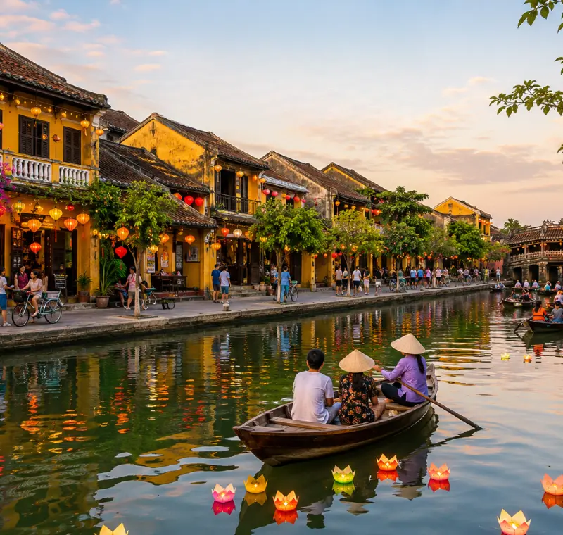 Hoi An, Vietnam ancient town with lantern-lit riverside houses, wooden boats, canal reflections, and Japanese Bridge.