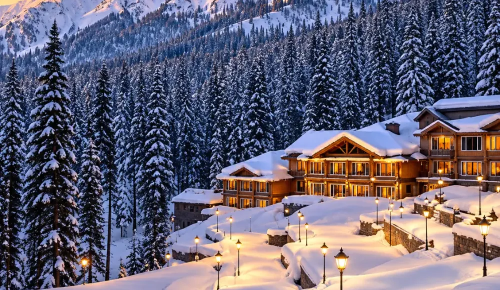 Snow-covered mountain resort in Kashmir surrounded by pine forests and Himalayan peaks at sunset