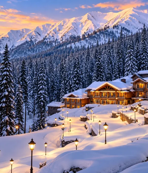 Snow-covered mountain resort in Kashmir surrounded by pine forests and Himalayan peaks at sunset
