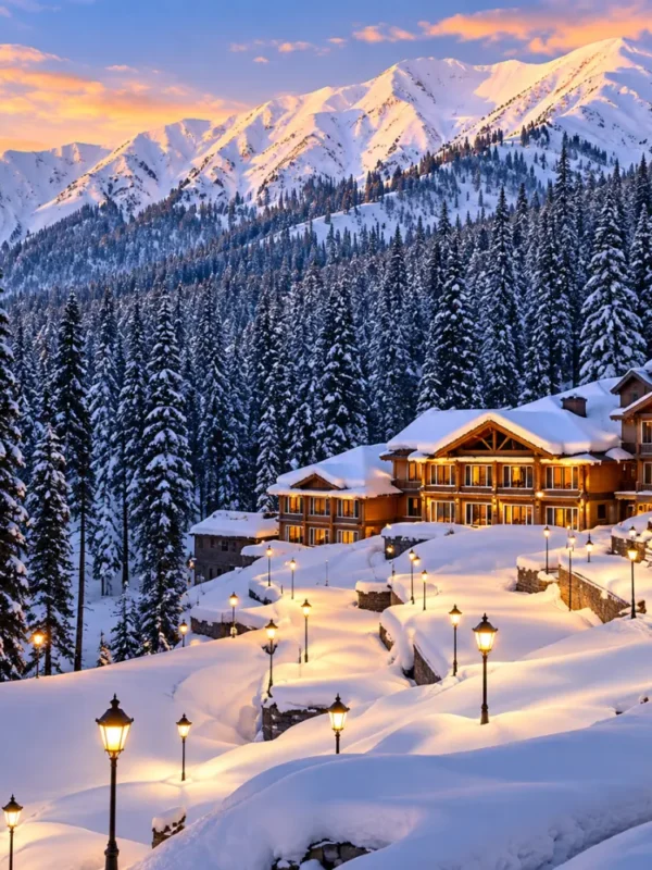 Snow-covered mountain resort in Kashmir surrounded by pine forests and Himalayan peaks at sunset